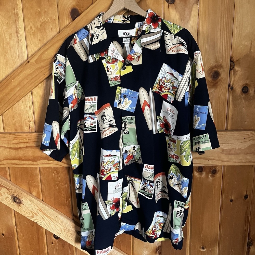 KAD Clothing Men's XL Short Sleeve Hawaiian Button Up‎ Shirt Surfboard Postcard